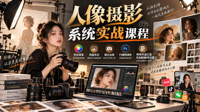 【无水印】人像摄影系统实战课程,色彩审美、构图布光、镜头运用、PS精修调色,附带作品打造与自媒体账号运营-御文网