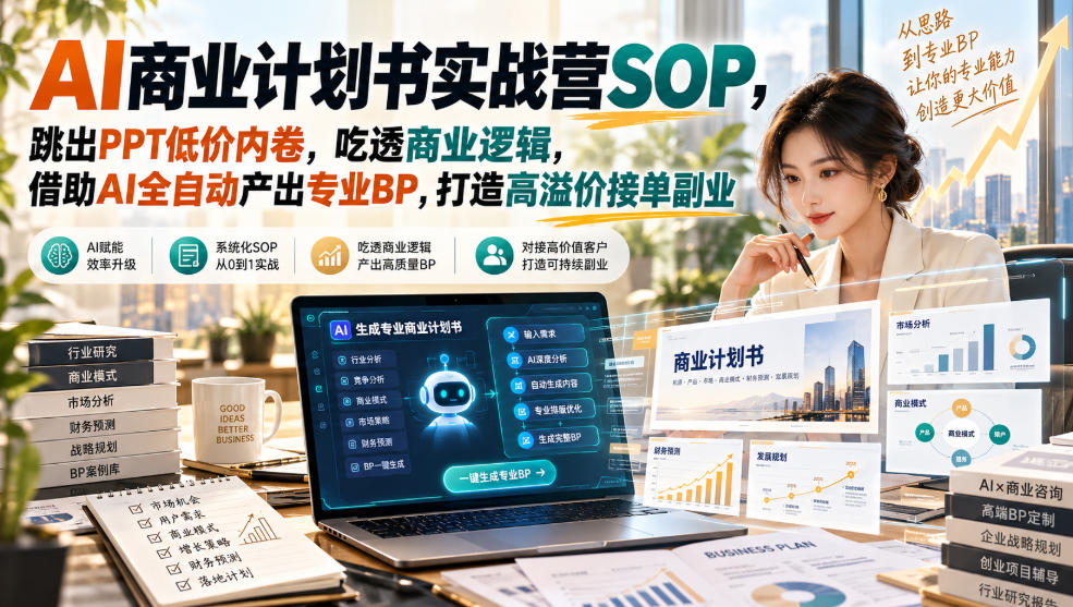 AI商业计划书实战营SOP，跳出PPT低价内卷，吃透商业逻辑，借助AI全自动产出专业BP，打造高溢价接单副业-御文网