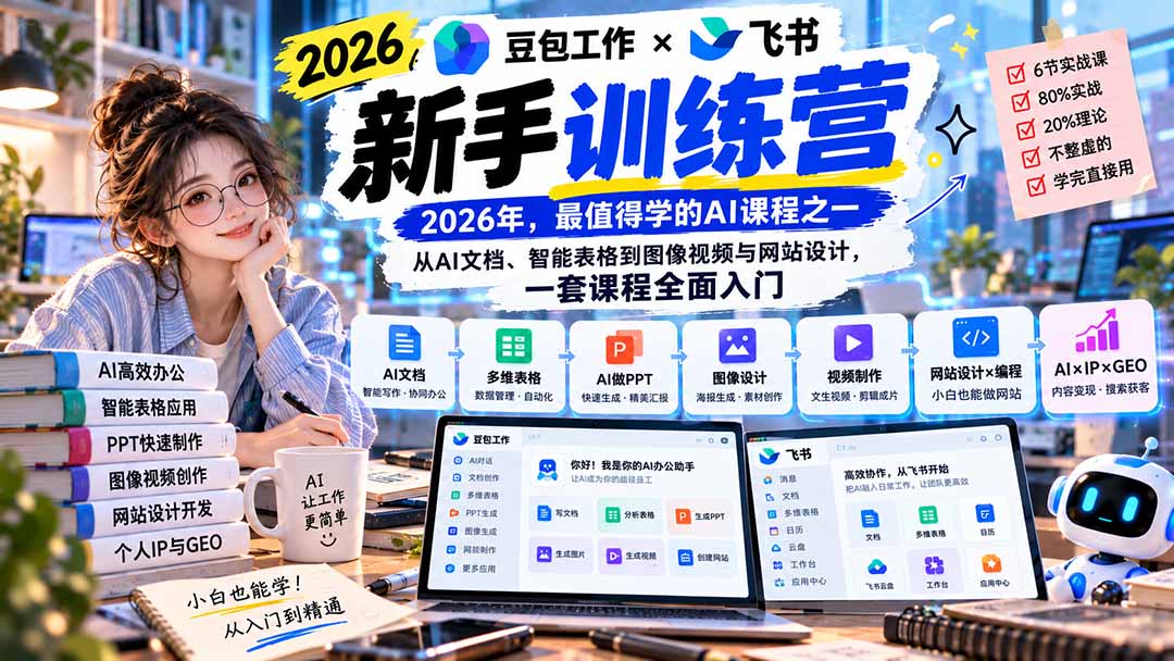 2026豆包工作+飞书新手训练营-9月新课:从AI文档、智能表格到图像视频与网站设计,一套课程全面入门-御文网