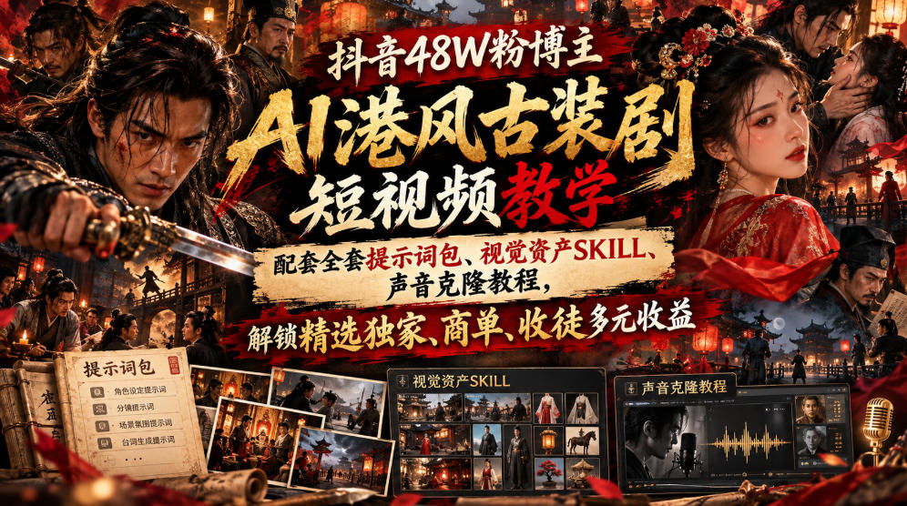 抖音48W粉博主AI港风古装剧短视频教学,配套全套提示词包、视觉资产SKILL、声音克隆教程,解锁精选独家、商单、收徒多元收益-御文网