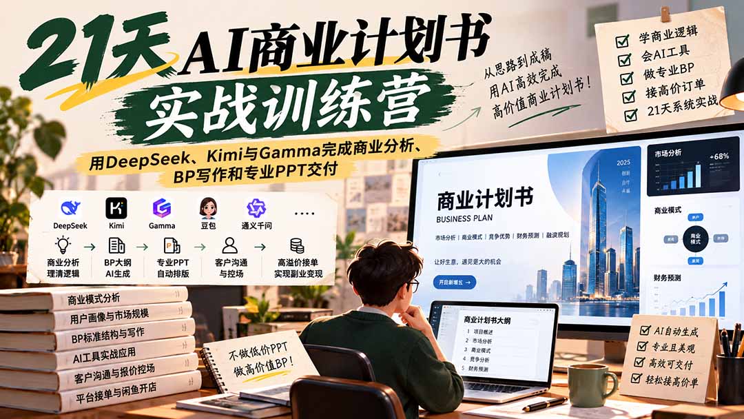 【无水印】21天AI商业计划书实战训练营：用DeepSeek、Kimi与Gamma完成商业分析、BP写作和专业PPT交付-御文网