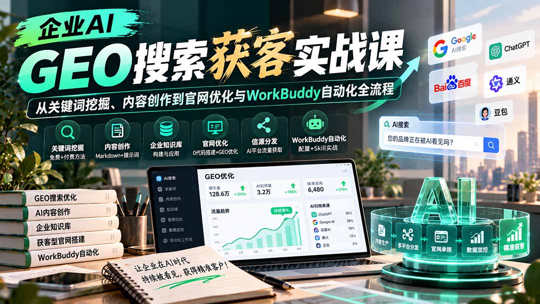 企业AI GEO搜索获客实战课：从关键词挖掘、内容创作到官网优化与WorkBuddy自动化全流程-御文网