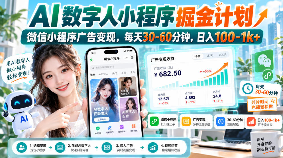 【无水印】AI数字人小程序掘金计划,微信小程序广告变现,每天30‑60分钟,日入100‑1k+-御文网