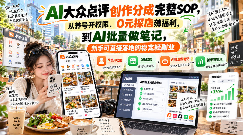 【无水印】AI大众点评创作分成完整SOP，从养号开权限、0元探店薅福利，到AI批量做笔记，新手可直接落地的稳定轻副业-御文网