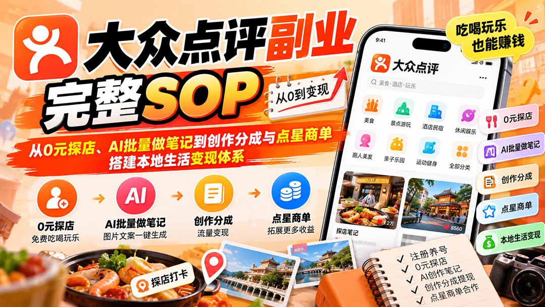 【无水印】大众点评副业完整SOP：从0元探店、AI批量做笔记到创作分成与点星商单，搭建本地生活变现体系-御文网