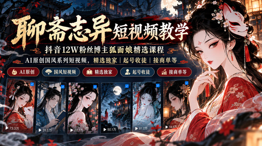 聊斋志异短视频教学，抖音12W粉丝博主狐面娘精选课程，AI原创国风系列短视频，精选独家丨起号收徒丨接商单等-御文网