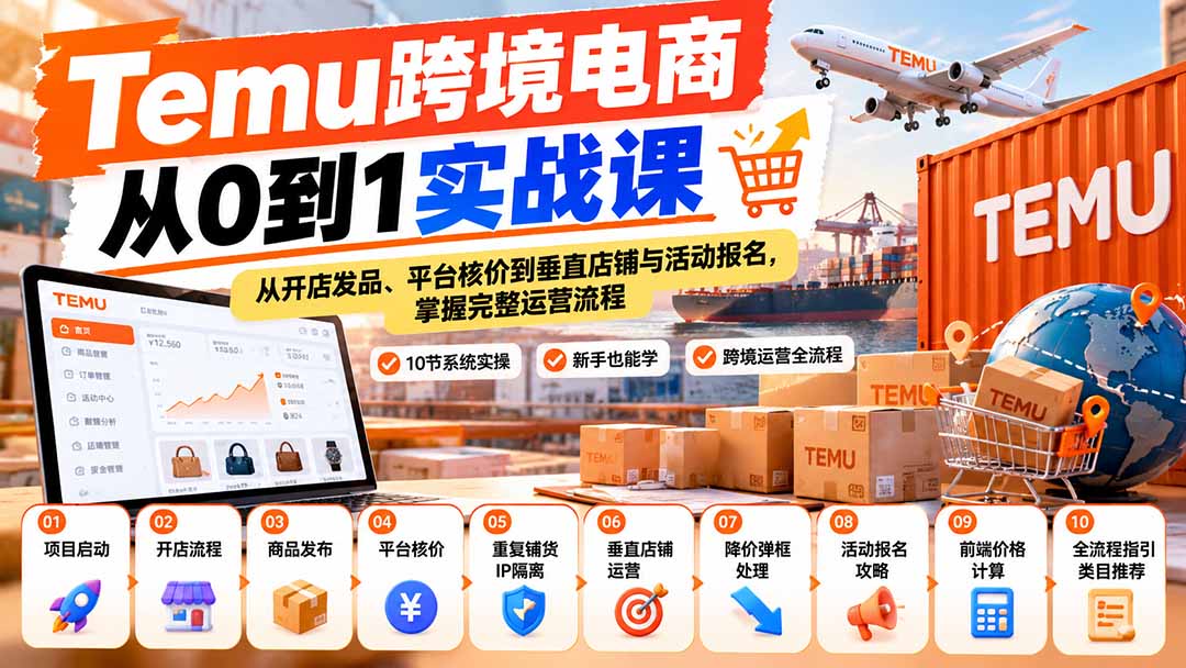 【无水印】Temu跨境电商从0到1实战课:从开店发品、平台核价到垂直店铺与活动报名,掌握完整运营流程-御文网