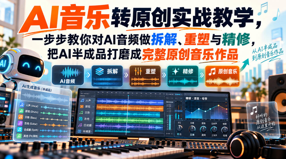 AI音乐转原创实战教学,一步步教你对AI音频做拆解、重塑与精修,把AI半成品打磨成完整原创音乐作品-御文网