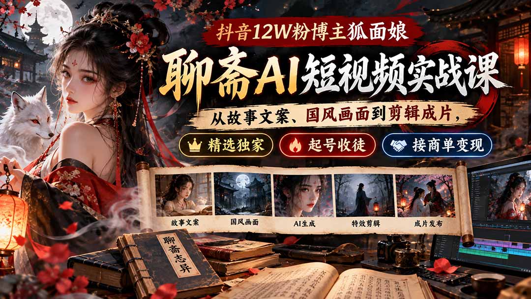 抖音12W粉博主狐面娘-聊斋AI短视频实战课：从故事文案、国风画面到剪辑成片，精选独家+起号收徒+接商单变现-御文网