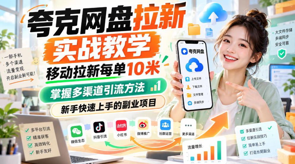 夸克网盘拉新实战教学，移动拉新每单10米，掌握多渠道引流方法，新手快速上手的副业项目-御文网