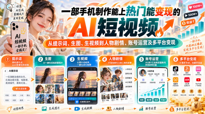 【无水印】一部手机制作能上热门能变现的AI短视频，从提示词、生图、生视频到人物剧情、账号运营及多平台变现-御文网