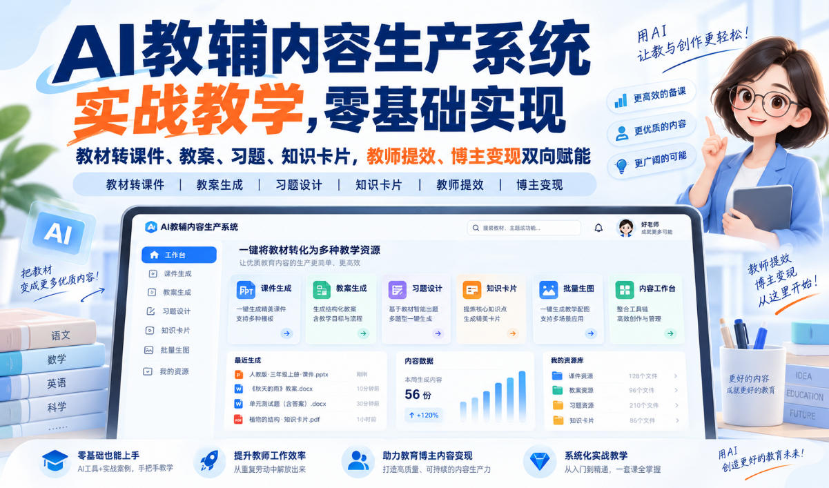 【无水印】AI教辅内容生产系统实战教学，零基础实现教材转课件、教案、习题、知识卡片，教师提效、博主变现双向赋能(更新0926)-御文网