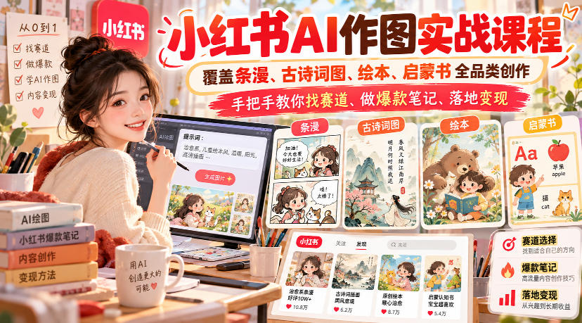 小红书AI作图实战课程，覆盖条漫、古诗词图、绘本、启蒙书全品类创作，手把手教你找赛道、做爆款笔记、落地变现-御文网