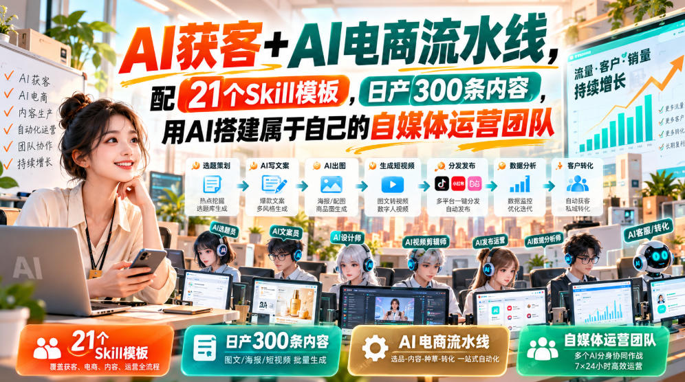 AI获客+AI电商流水线，配21个Skill模板，日产300条内容，用AI搭建属于自己的自媒体运营团队-御文网