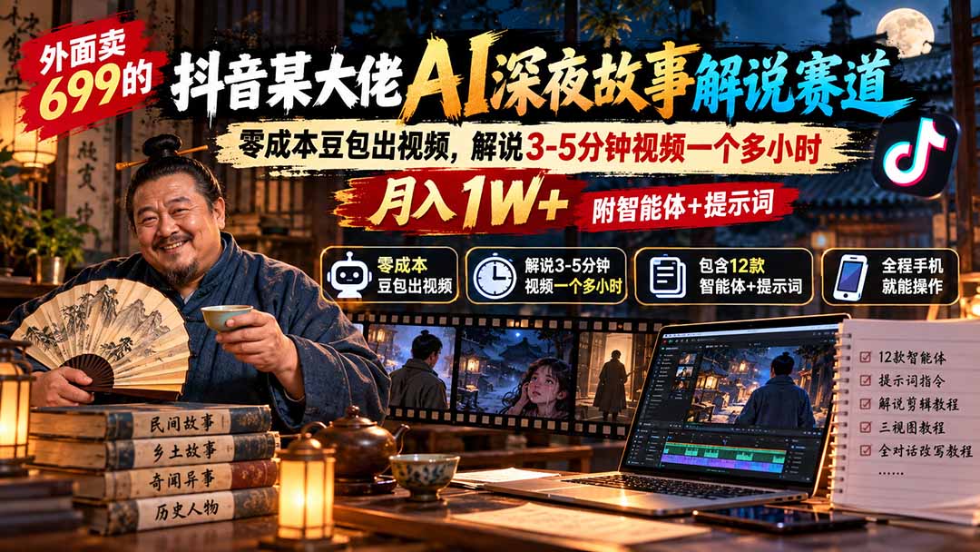 外面卖699的抖音某大佬AI深夜故事解说赛道：零成本豆包出视频，解说3-5分钟视频一个多小时，月入1W+附智能体+提示词-御文网