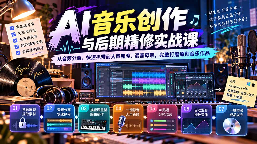 AI音乐创作与后期精修实战课：从音频分离、快速扒带到人声克隆、混音母带，完整打磨原创音乐作品-御文网