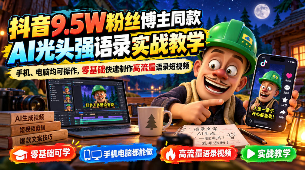 抖音9.5W粉丝博主同款AI光头强语录实战教学,手机、电脑均可操作,零基础快速制作高流量语录短视频-御文网