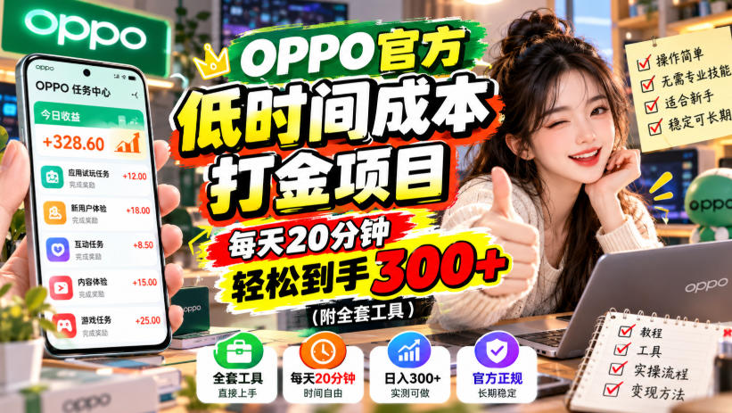 OPPO官方低时间成本打金项目，每天20分钟，轻松到手300+(附全套工具)【揭秘】-御文网