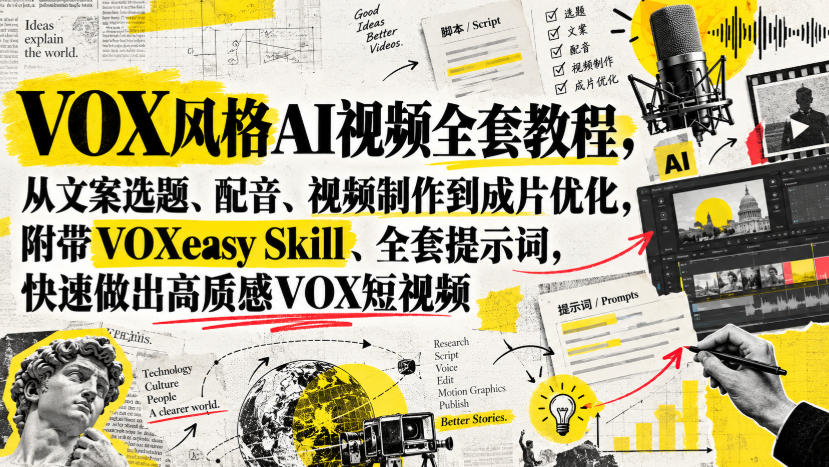 VOX风格AI视频全套教程，从文案选题、配音、视频制作到成片优化，附带VOXeasy Skill、全套提示词，快速做出高质感VOX短视频-御文网