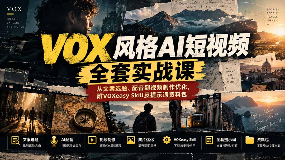 【无水印】VOX风格AI短视频全套实战课：从文案选题、配音到视频制作优化，附VOXeasy Skill及提示词资料包-御文网