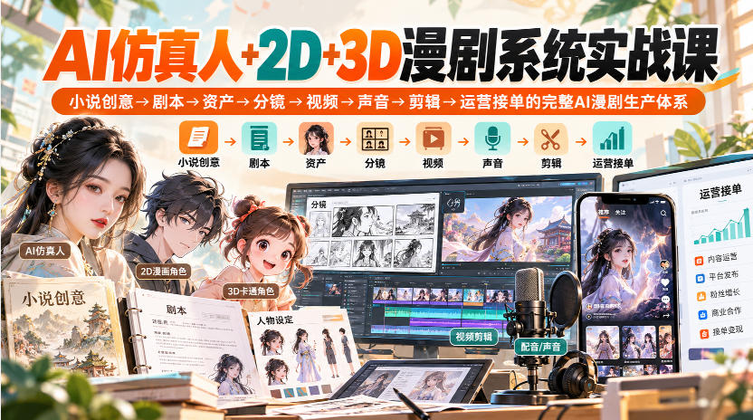 【无水印】AI仿真人+2D+3D漫剧系统实战课，小说创意→剧本→资产→分镜→视频→声音→剪辑→运营接单的完整AI漫剧生产体系-御文网