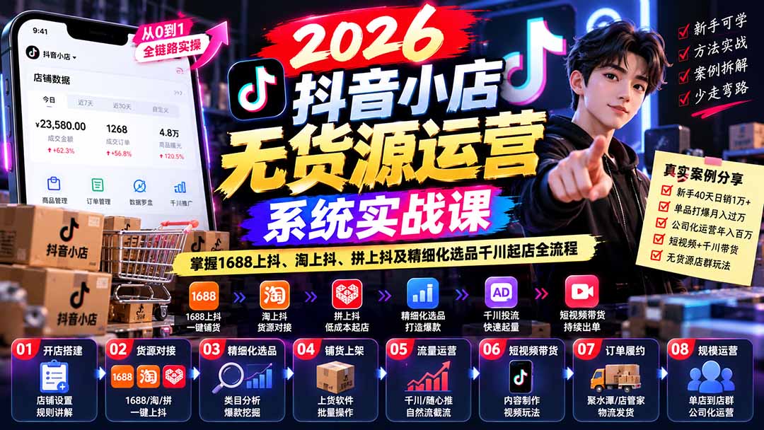 【无水印】2026抖音小店无货源运营系统实战课:掌握1688上抖、淘上抖、拼上抖及精细化选品千川起店全流程-御文网