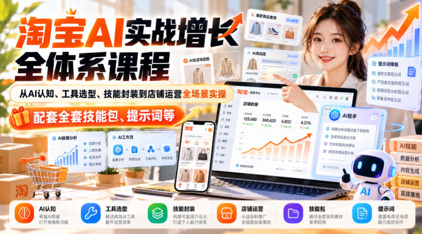 淘宝AI实战增长全体系课程，从AI认知、工具选型、技能封装到店铺运营全场景实操，配套全套技能包、提示词等-御文网