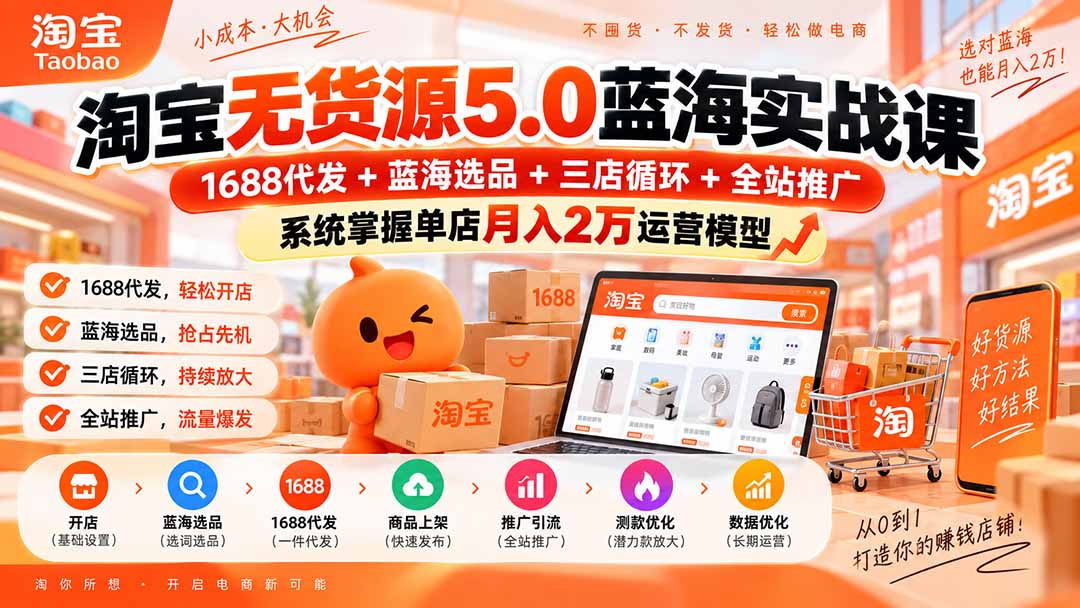 淘宝无货源5.0蓝海实战课-更新0927:1688代发+蓝海选品+三店循环+全站推广,系统掌握单店月入2万运营模型-御文网