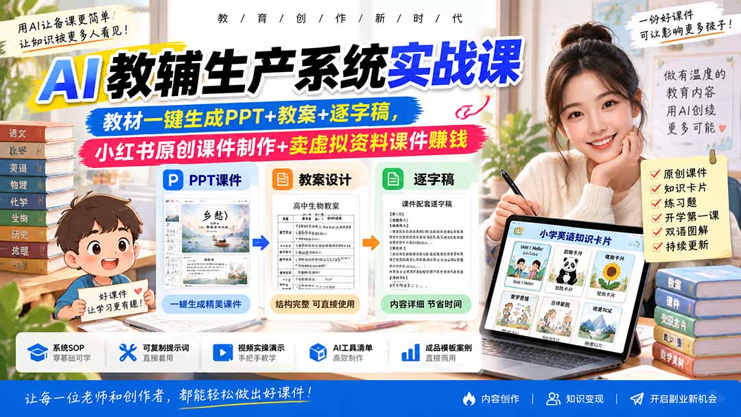 AI教辅生产系统实战课-更新0926｜教材一键生成PPT+教案+逐字稿，小红书原创课件制作+卖虚拟资料课件赚钱-御文网