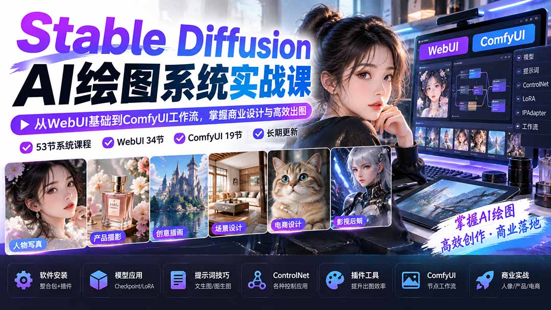 【无水印】Stable Diffusion AI绘图系统实战课：从WebUI基础到ComfyUI工作流，掌握商业设计与高效出图-御文网