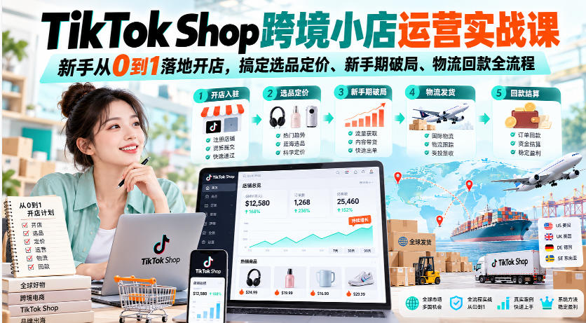 TikTok Shop跨境小店运营实战课,新手从0到1落地开店,搞定选品定价、新手期破局、物流回款全流程-御文网