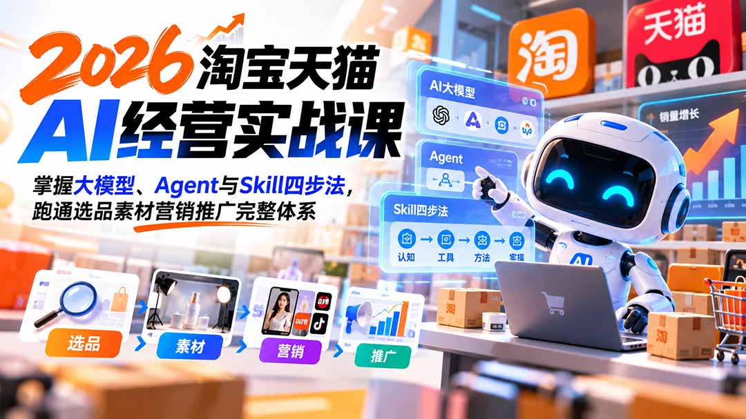【无水印】2026淘宝天猫AI经营实战课：掌握大模型、Agent与Skill四步法，跑通选品素材营销推广完整体系-御文网