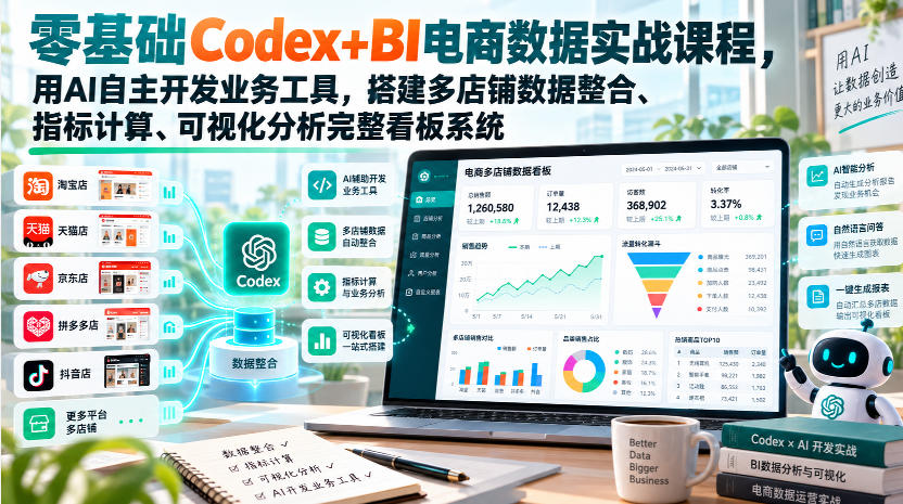 零基础Codex+BI电商数据实战课程,用AI自主开发业务工具,搭建多店铺数据整合、指标计算、可视化分析完整看板系统-御文网