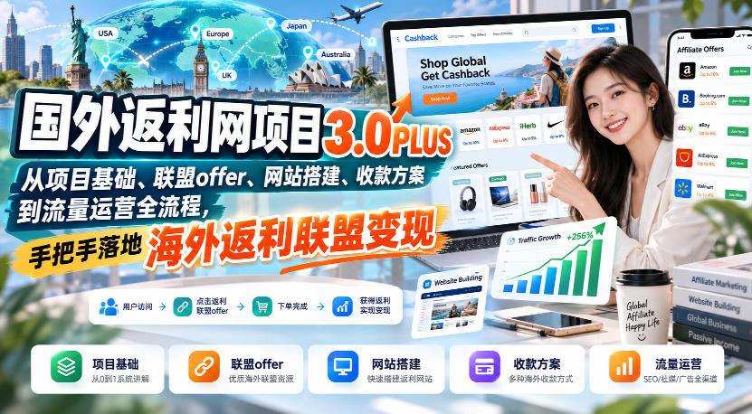 国外返利网项目3.0PLUS,从项目基础、联盟offer、网站搭建、收款方案到流量运营全流程,手把手落地海外返利联盟变现-御文网