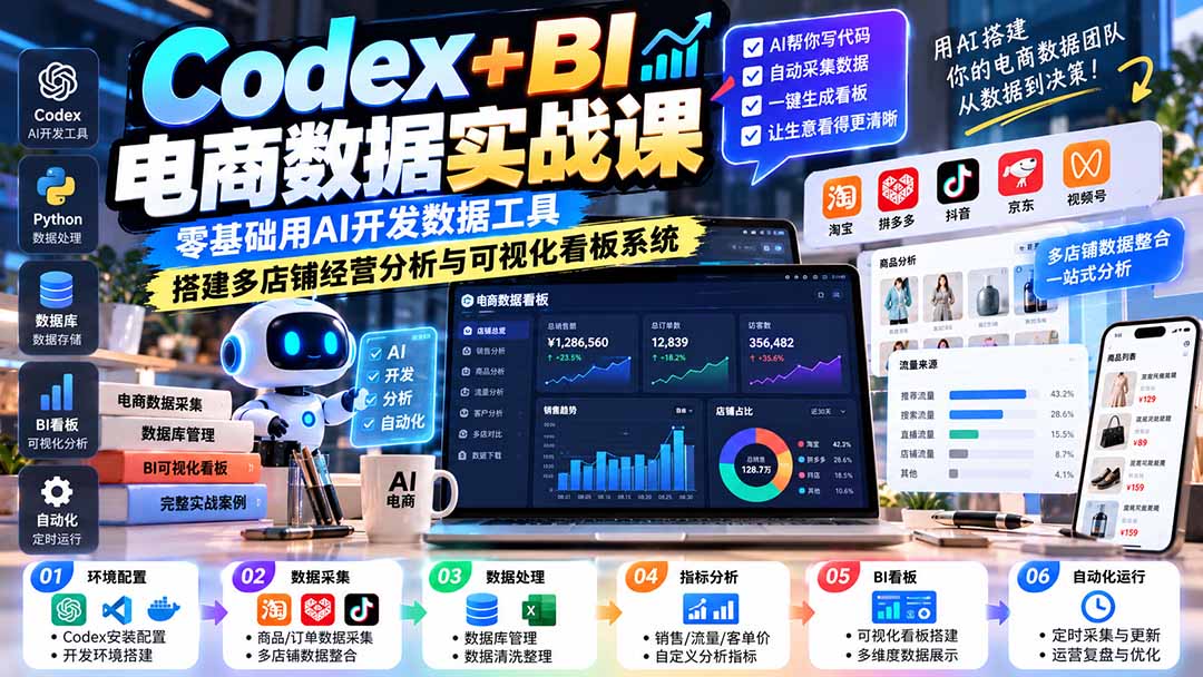 Codex+BI电商数据实战课:零基础用AI开发数据工具,搭建多店铺经营分析与可视化看板系统-御文网