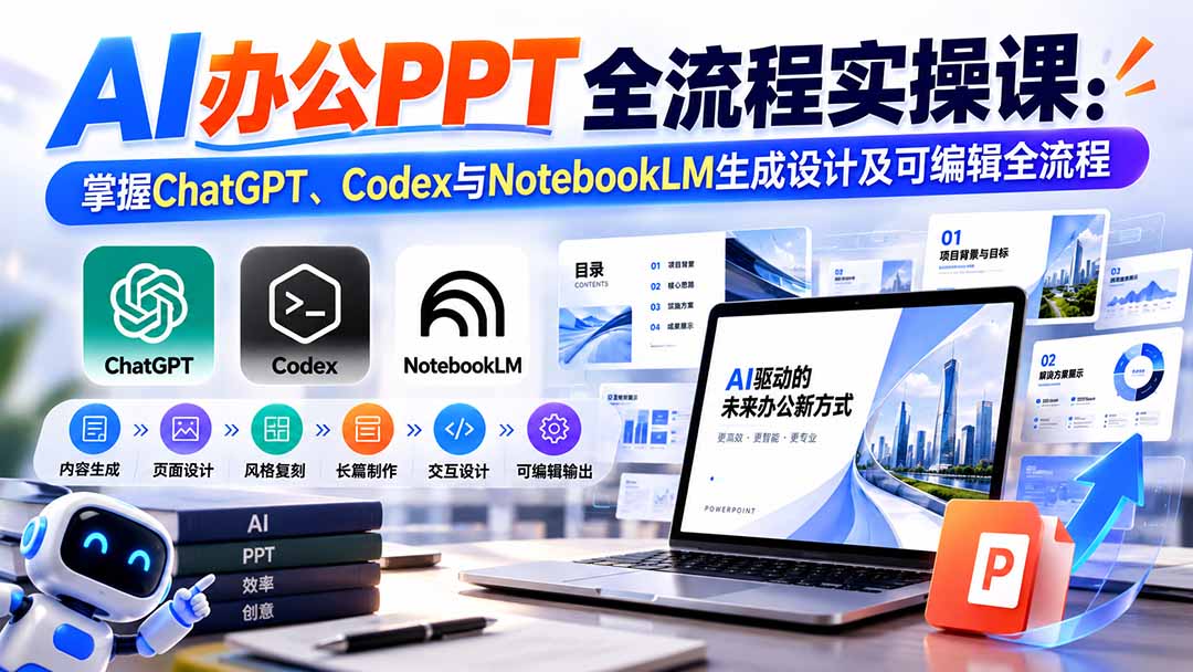 【无水印】AI办公PPT全流程实操课: 掌握ChatGPT、Codex与NotebookLM生成设计及可编辑全流程-御文网