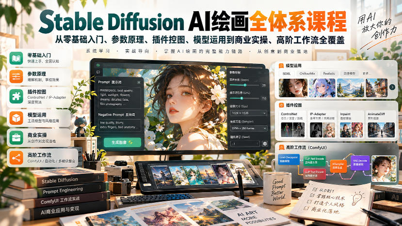 【无水印】Stable Diffusion AI绘画全体系课程,从零基础入门、参数原理、插件控图、模型运用到商业实操、高阶工作流全覆盖-御文网