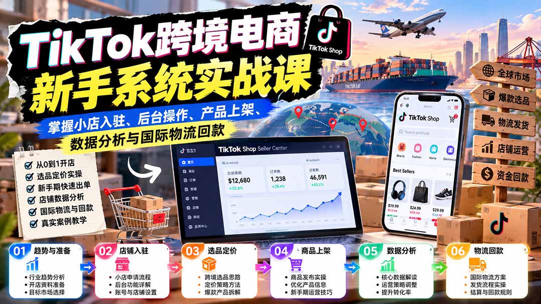 TikTok跨境电商新手系统实战课:掌握小店入驻、后台操作、产品上架、数据分析与国际物流回款-御文网