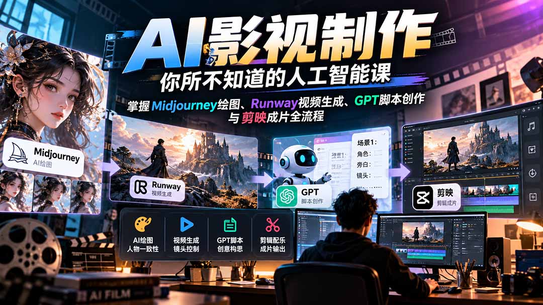 【无水印】AI影视制作-你所不知道的人工智能课，掌握Midjourney绘图、Runway视频生成、GPT脚本创作与剪映成片全流程-御文网
