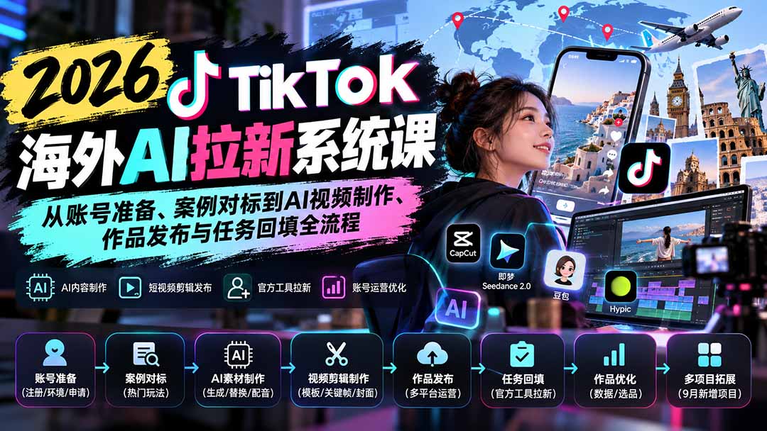 【无水印】2026 TikTok海外AI拉新系统课：从账号准备、案例对标到AI视频制作、作品发布与任务回填全流程-御文网