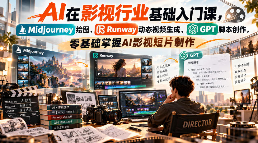 【无水印】AI在影视行业基础入门课,Midjourney绘图、Runway动态视频生成、GPT脚本创作,零基础掌握AI影视短片制作-御文网