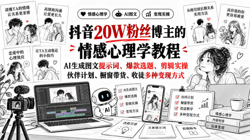 抖音20W粉丝博主静候心声的情感心理学教程，AI生成图文提示词、爆款选题、剪辑实操，伙伴计划、橱窗带货、收徒多种变现方式-御文网