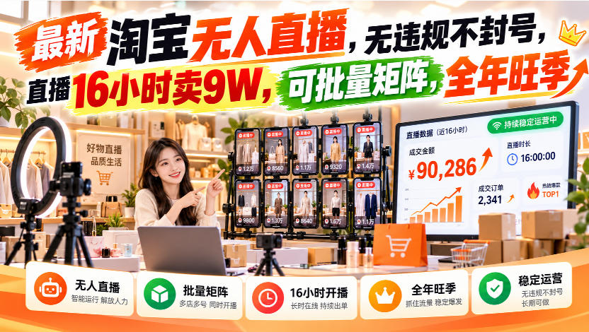 最新淘宝无人直播,无违规不封号,直播16小时卖9W,可批量矩阵,全年旺季【揭秘】-御文网