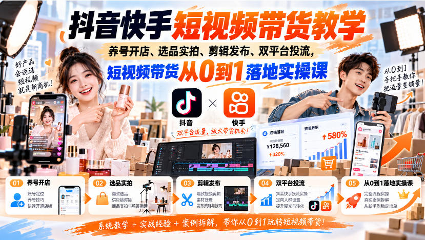抖音快手短视频带货教学｜养号开店、选品实拍、剪辑发布、双平台投流，短视频带货从0到1落地实操课-御文网