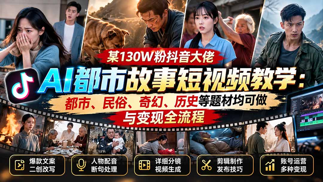 某130W粉抖音大佬AI都市故事短视频教学：都市、民俗、奇幻、历史等题材均可做与变现全流程-御文网
