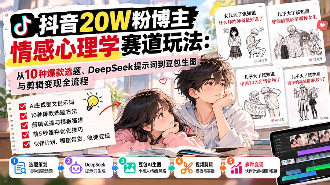 抖音20W粉博主-情感心理学赛道玩法:从10种爆款选题、DeepSeek提示词到豆包生图与剪辑变现全流程-御文网