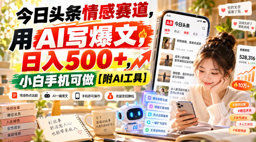 今日头条情感赛道,用AI写爆文,日入500+,小白手机可做【附AI工具】-御文网