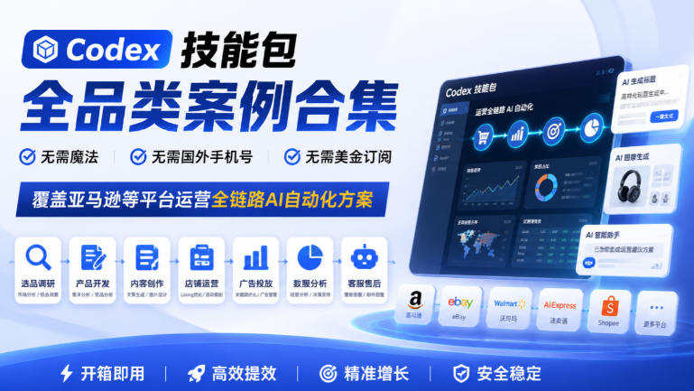 Codex技能包全品类案例合集，无需魔法、无需国外手机号、无需美金订阅，覆盖亚马逊等平台运营全链路AI自动化方案-御文网