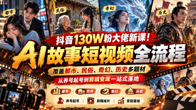 抖音130W粉大佬新课！AI故事短视频全流程，覆盖都市、民俗、奇幻、历史多题材，从养号起号到剪辑变现一站式落地-御文网