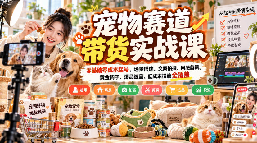 宠物赛道带货实战课，零基础零成本起号，场景搭建、文案拍摄、网感剪辑、黄金钩子、爆品选品、低成本投流全覆盖-御文网